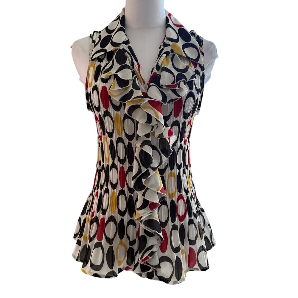 Geometric Pleated Smocked Blouse Ruffle Sleeveless XL Retro Office 60s 70s Artsy